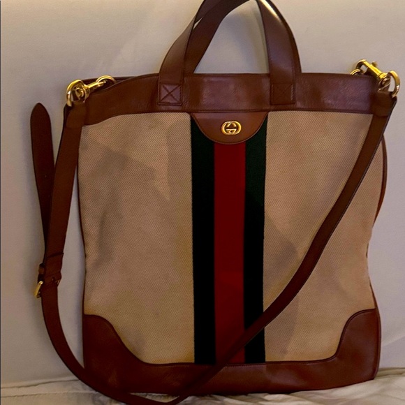 Gucci Brown and Beige Messenger Bag with Red and Green Stripe - Picture 1 of 4